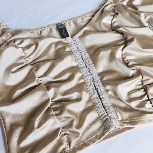 Tresser Satin Off Shoulder Crop Top‎ Size L Corset Cottage Puff Sleeves Ivory - Picture 3 of 5